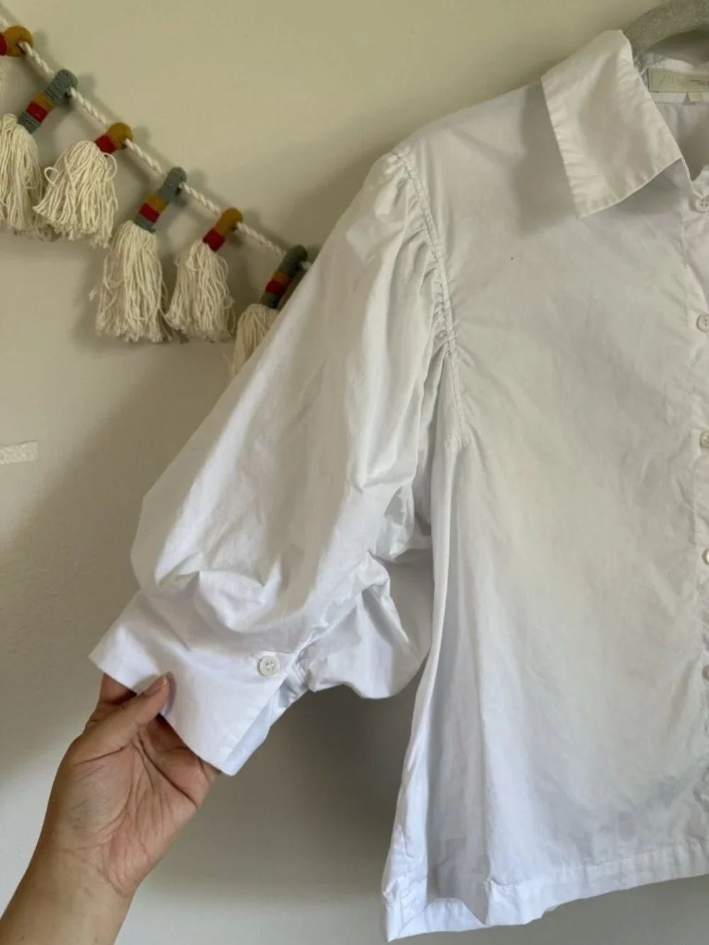 Zara White Puff Sleeve Button Down Collared Top Cotton Modest Preppy Minimalist